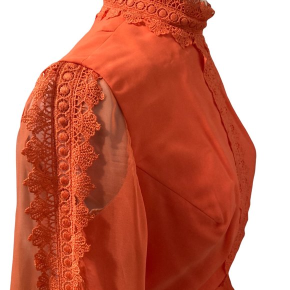 THE TANGERINE DREAM: Knee-Length Chiffon 1970s Vintage Neon Orange Prairie Dress - Picture 4 of 6